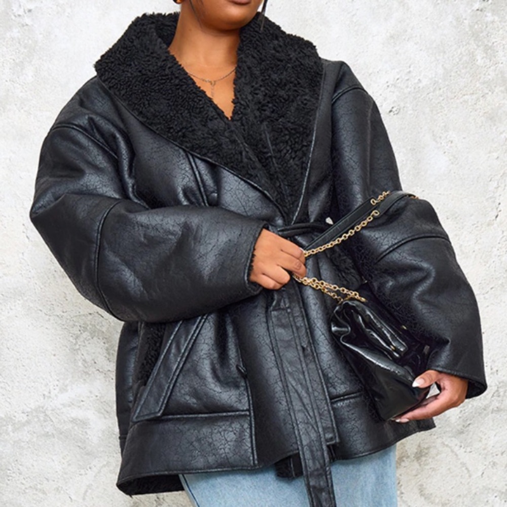 Black Washed Borg Trim Belted Jacket